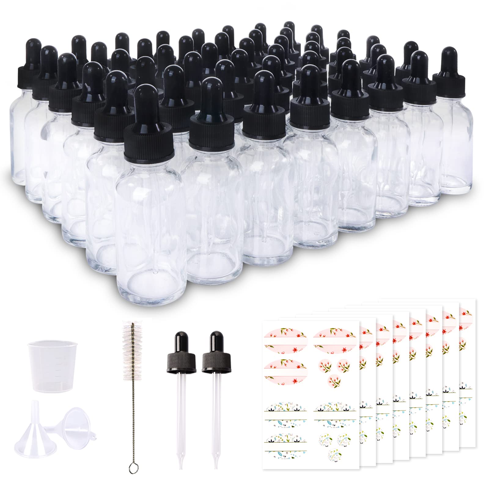 Comrzor 48 Pack 1oz Clear Glass Bottles with Glass Eye Droppers for Essential Oils, Perfumes & Lab Chemicals (Brush, Funnels, 2 Extra Droppers, 54 Pieces Labels & 30ml Measuring Cup Included)