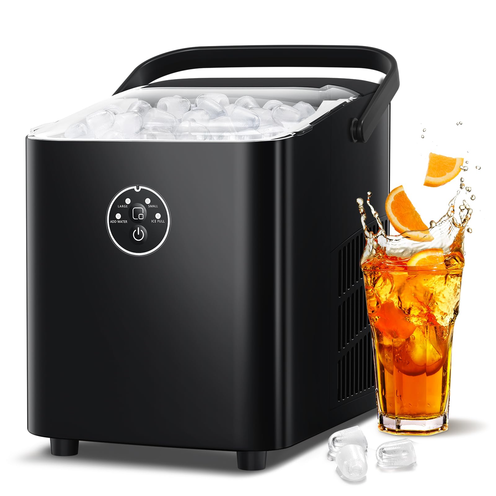 Xbeauty Countertop Ice Maker with Handle, 9 Bullet Ice Ready in 6 Mins, Self-Cleaning Portable Ice Machine with Basket and Scoop, 2 Sizes of Bullet Ice for Outdoor Camping/Bar/Party/Kitchen, Black