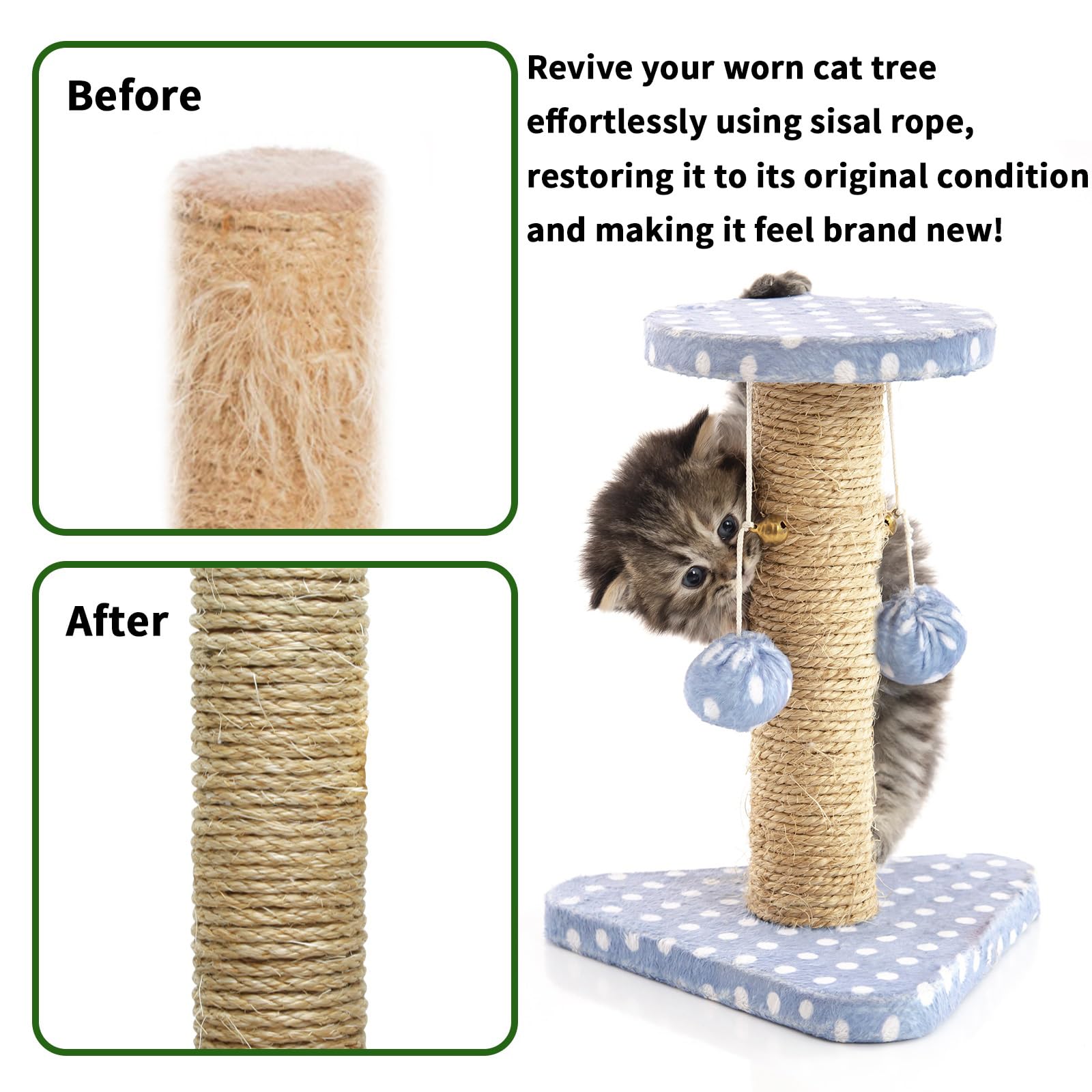 Natural Sisal Rope 1/4 Inch by 164-Feet for Cat Scratching Post Tree Tower Replacement Repair and Replace, Hemp Twine Rope for Kittens Shelves Furniture Window Bed Perch House Climbing, 6mm by 50m