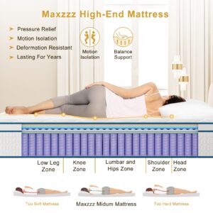 Maxzzz 12 Inch Twin Mattresses, Hybrid Mattress, Twin Bed Mattress in a Box, with Individual Pocket Springs & Memory Foam, Euro Top Design for Back Pain Relief, No Odor