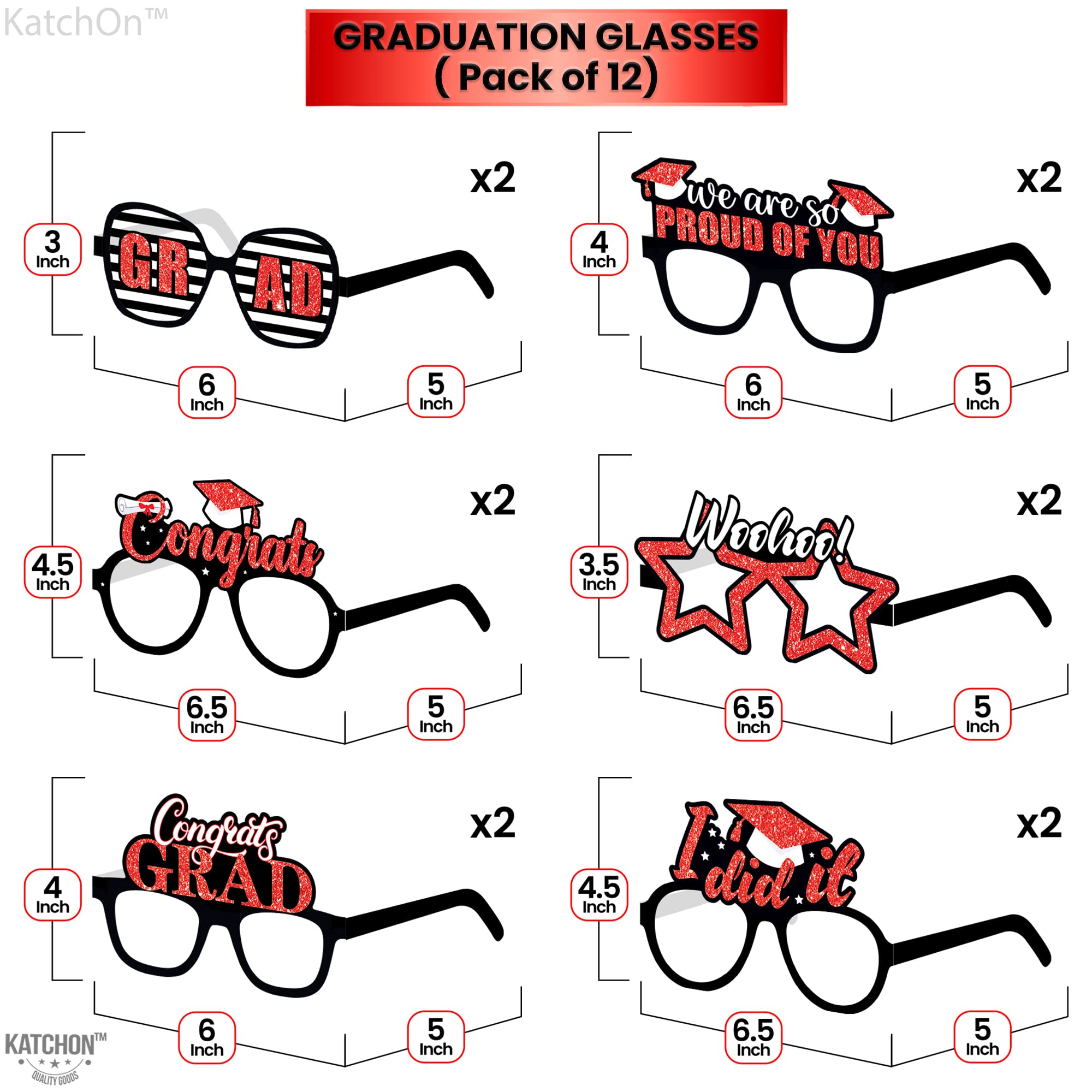 KatchOn, Red 2024 Glasses Graduation - Glitter, Pack of 12 | Graduation Photo Booth Props 2024 for Graduation Decorations Class of 2024 | Graduation Eyeglasses, Red Graduation Party Decorations 2024