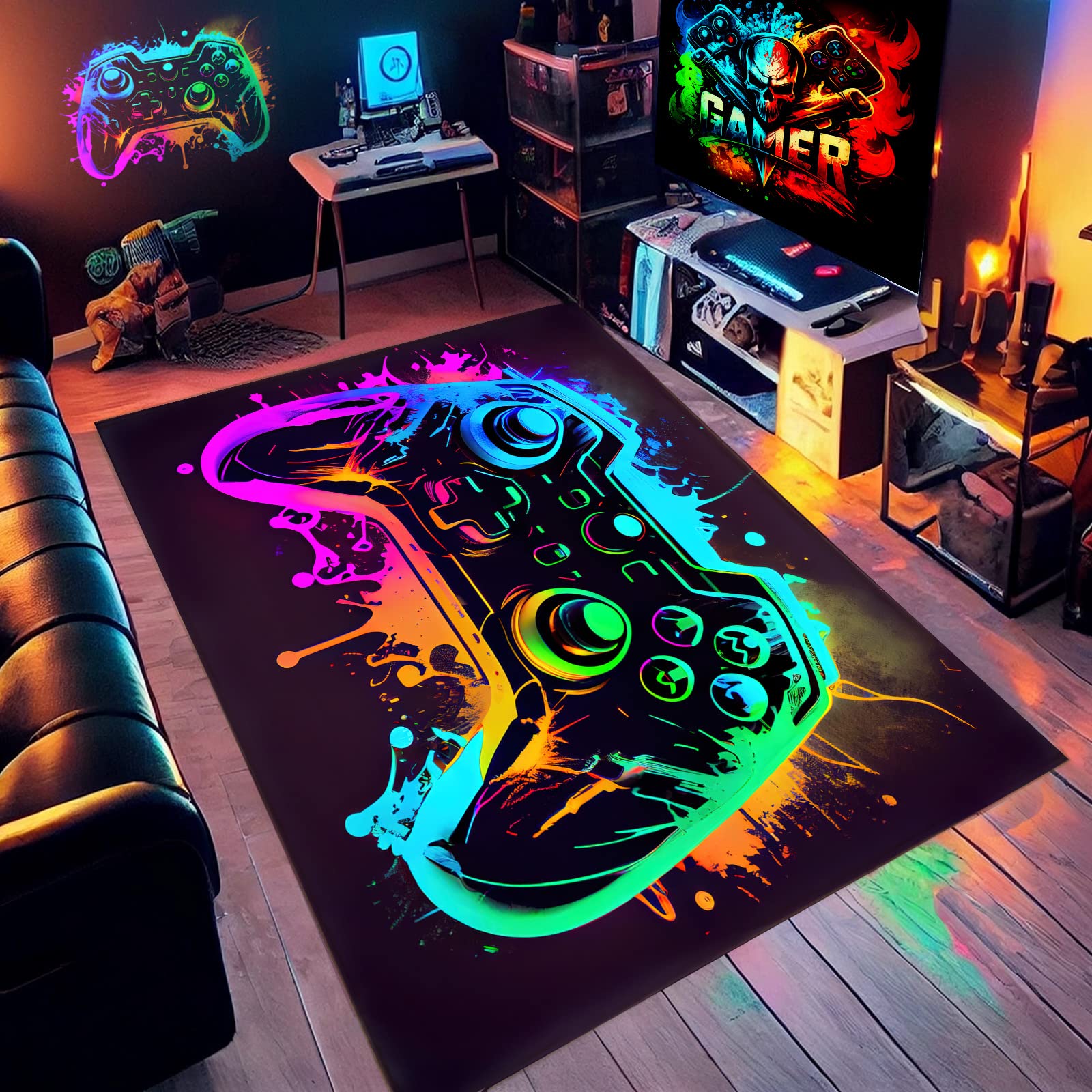 NEBOTON Gaming Rug with Colorful Game Controller Design for Game Room, Gaming Room, Boys' Bedroom, and Living Room 36x24inches