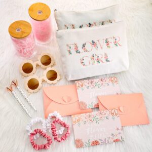 Meanplan 16 Pcs Be My Flower Girl Proposal Gifts Set Flower Girl Tumbler with Straws Makeup Bag Sunglasses Hair Ring Diamond Pen Envelope Card for Wedding Bridal Shower(Pink Series)