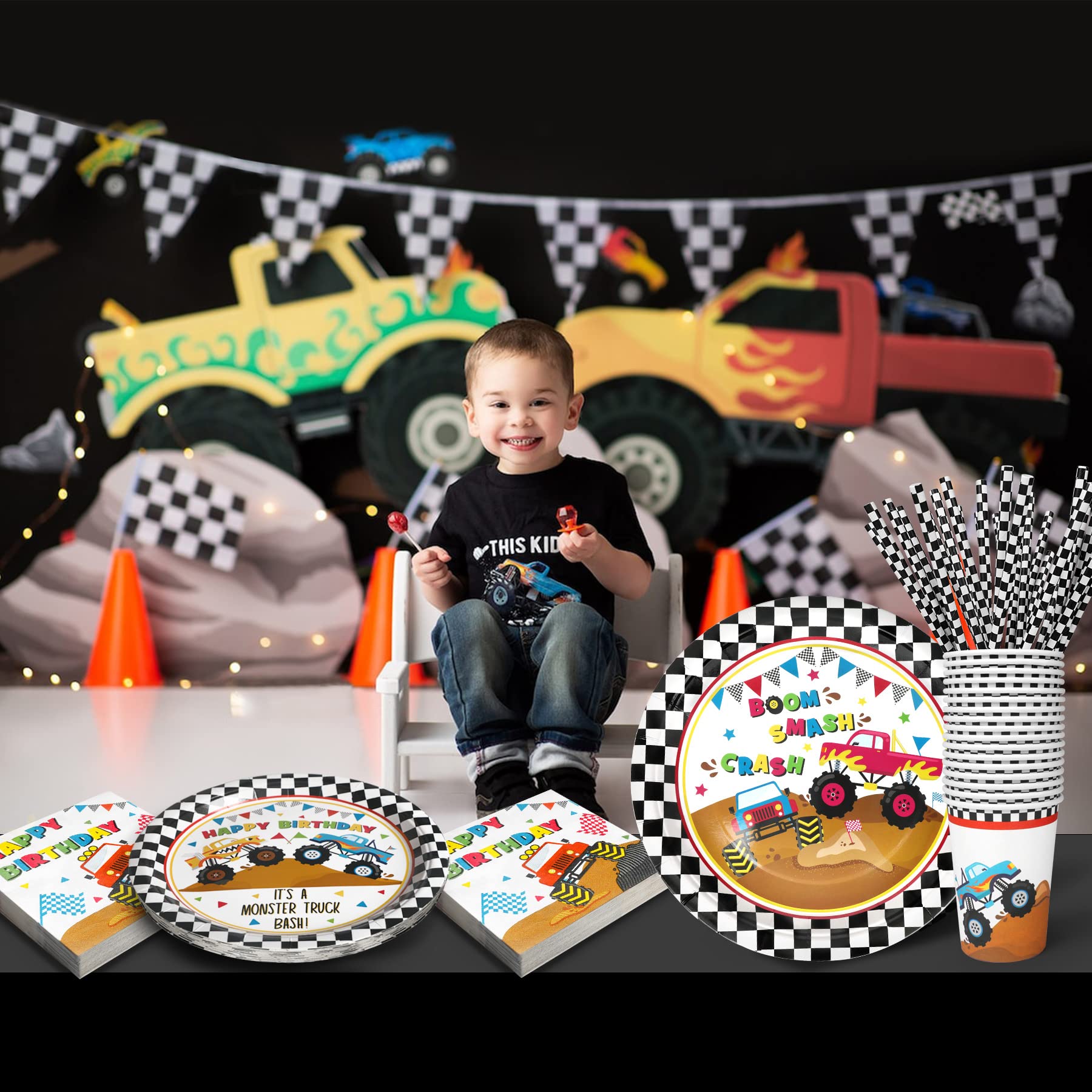 Monster Truck Party Supplies Decorations, Kids Birthday Paper Plates and Napkins Set with Cups and Straws for 24 Guests, 120 Pcs Disposable Party Dessert Dinnerwares