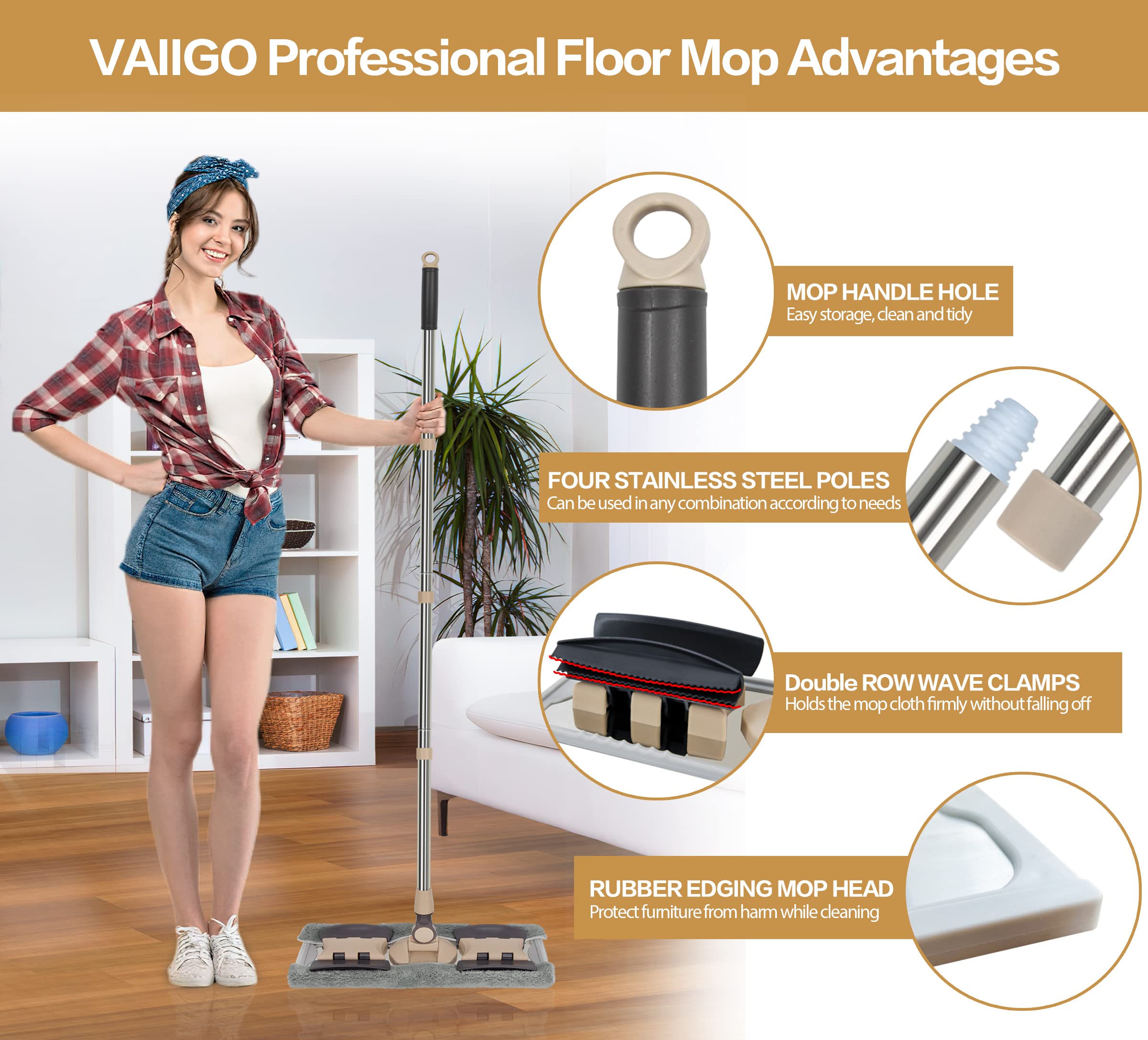 VAIIGO Professional Microfiber Mops for Hardwood Floor Cleaning, 18" Commercial Dust Flat Mops with 3 Reusable Mop Pads and Adjustable Handle, for Home, Office, Hotel Wet or Dry Floor Cleaning Mop