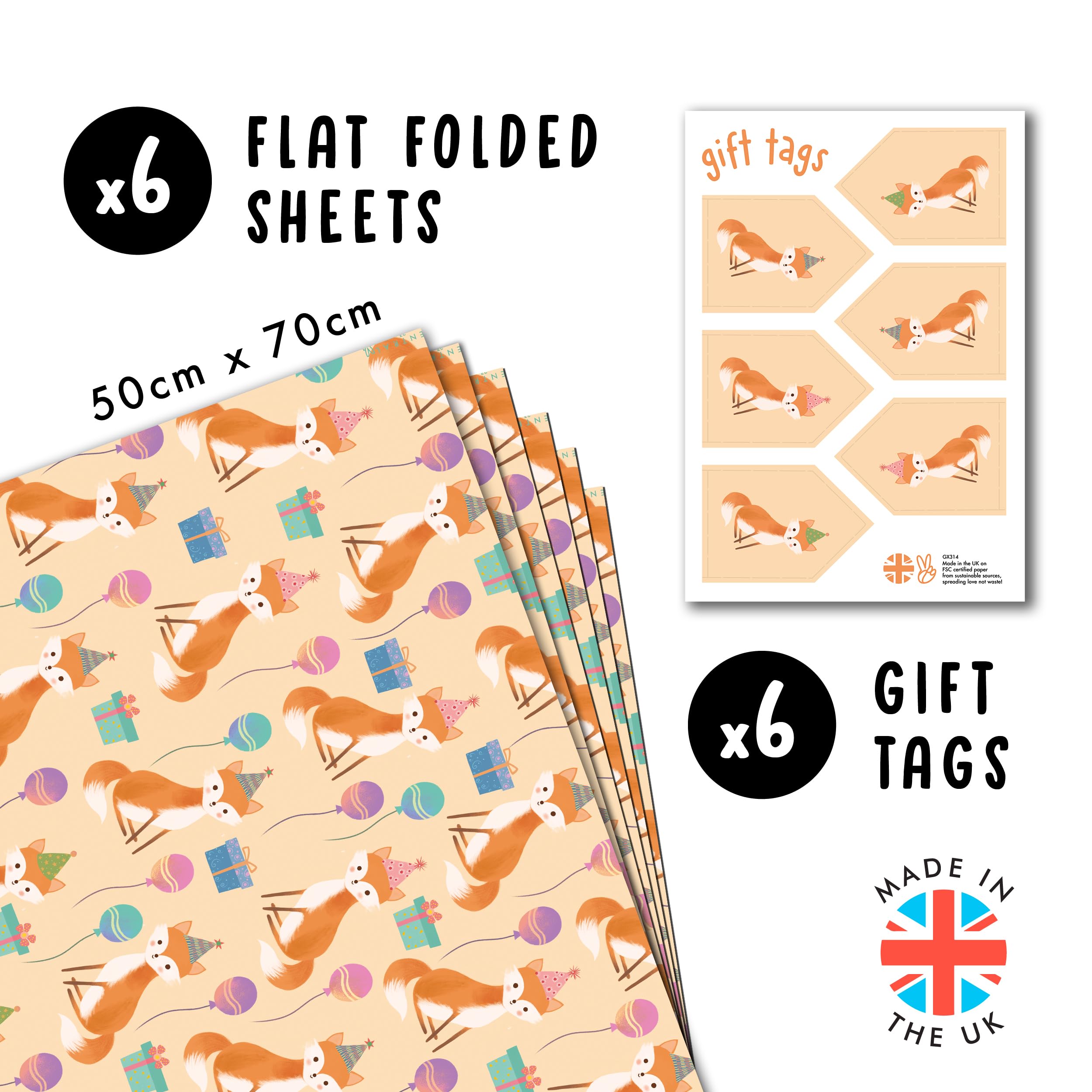 CENTRAL 23 Kids Wrapping Paper - 6 Sheets of Gift Wrap - Birthday Fox - For Baby Boys or Girls - Woodland - Comes with Stickers - Recyclable