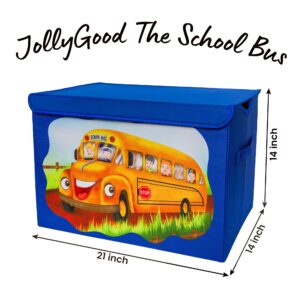 JollyGood Large Toy Storage Box | Cute School Bus Design Toy Box for Toddlers | Foldable Toy Chest, Toy Organizer, Basket with Lid | Premium Fabric, Safe, Lightweight Storage Bin | (Beige, Blue)