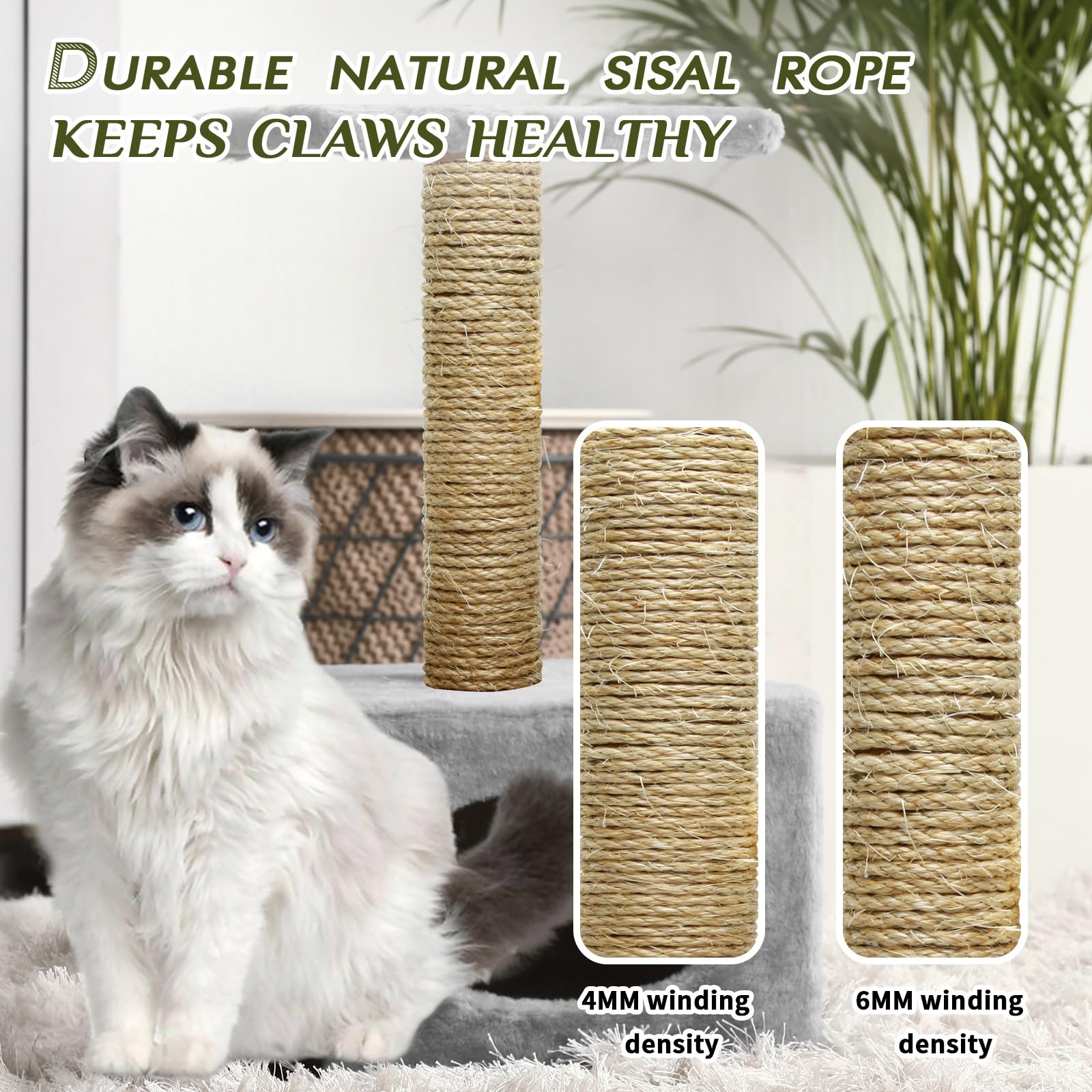 Natural Sisal Rope 1/4 Inch by 164-Feet for Cat Scratching Post Tree Tower Replacement Repair and Replace, Hemp Twine Rope for Kittens Shelves Furniture Window Bed Perch House Climbing, 6mm by 50m