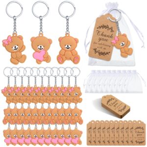 120 pcs bear baby shower favors bear party favors, cute bear keychain with organza bags thank you kraft tags and rope for guests girls boys birthday party supplies decorations (pink, cute)