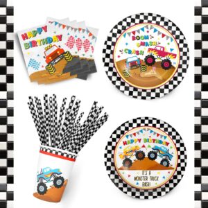 Monster Truck Party Supplies Decorations, Kids Birthday Paper Plates and Napkins Set with Cups and Straws for 24 Guests, 120 Pcs Disposable Party Dessert Dinnerwares