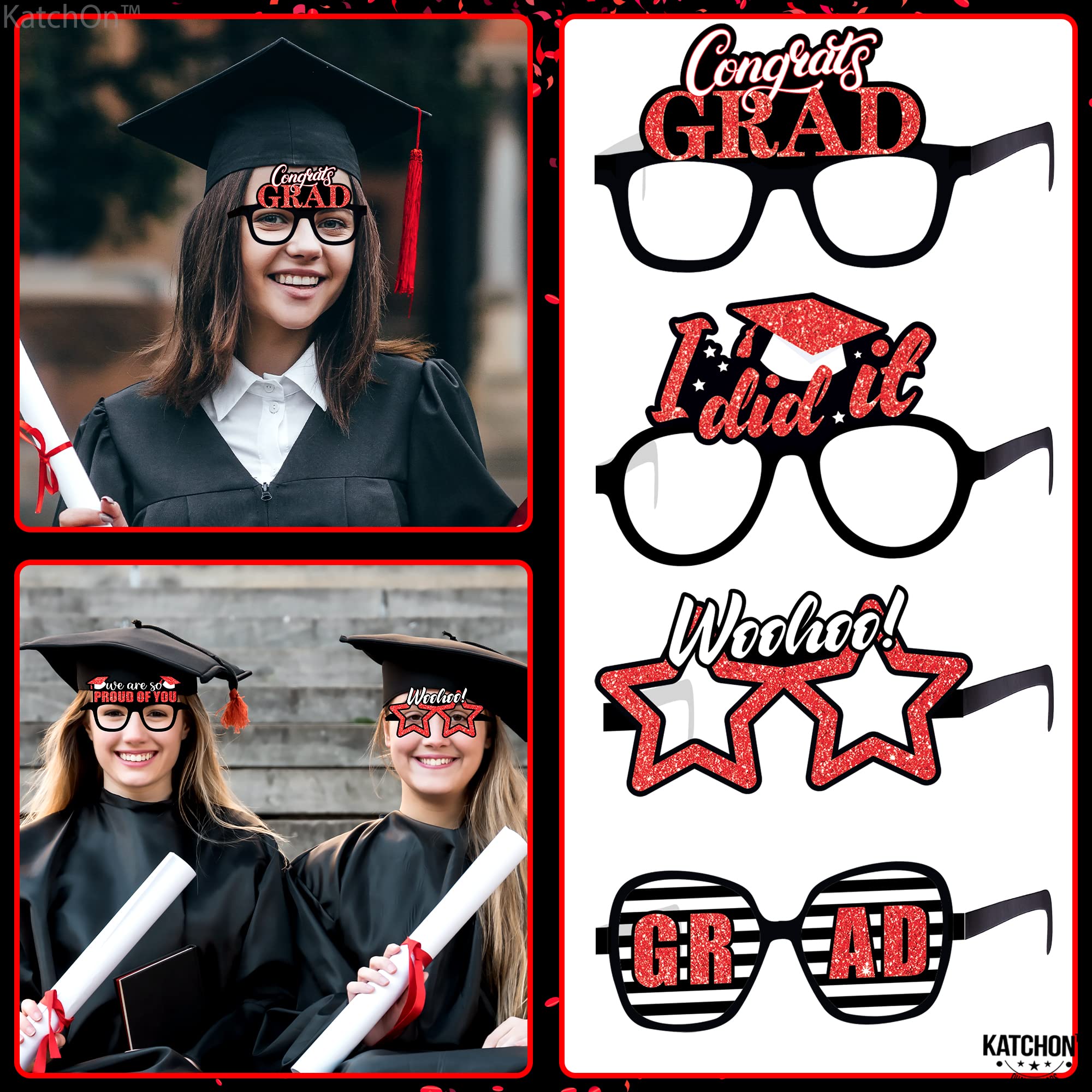 KatchOn, Red 2024 Glasses Graduation - Glitter, Pack of 12 | Graduation Photo Booth Props 2024 for Graduation Decorations Class of 2024 | Graduation Eyeglasses, Red Graduation Party Decorations 2024