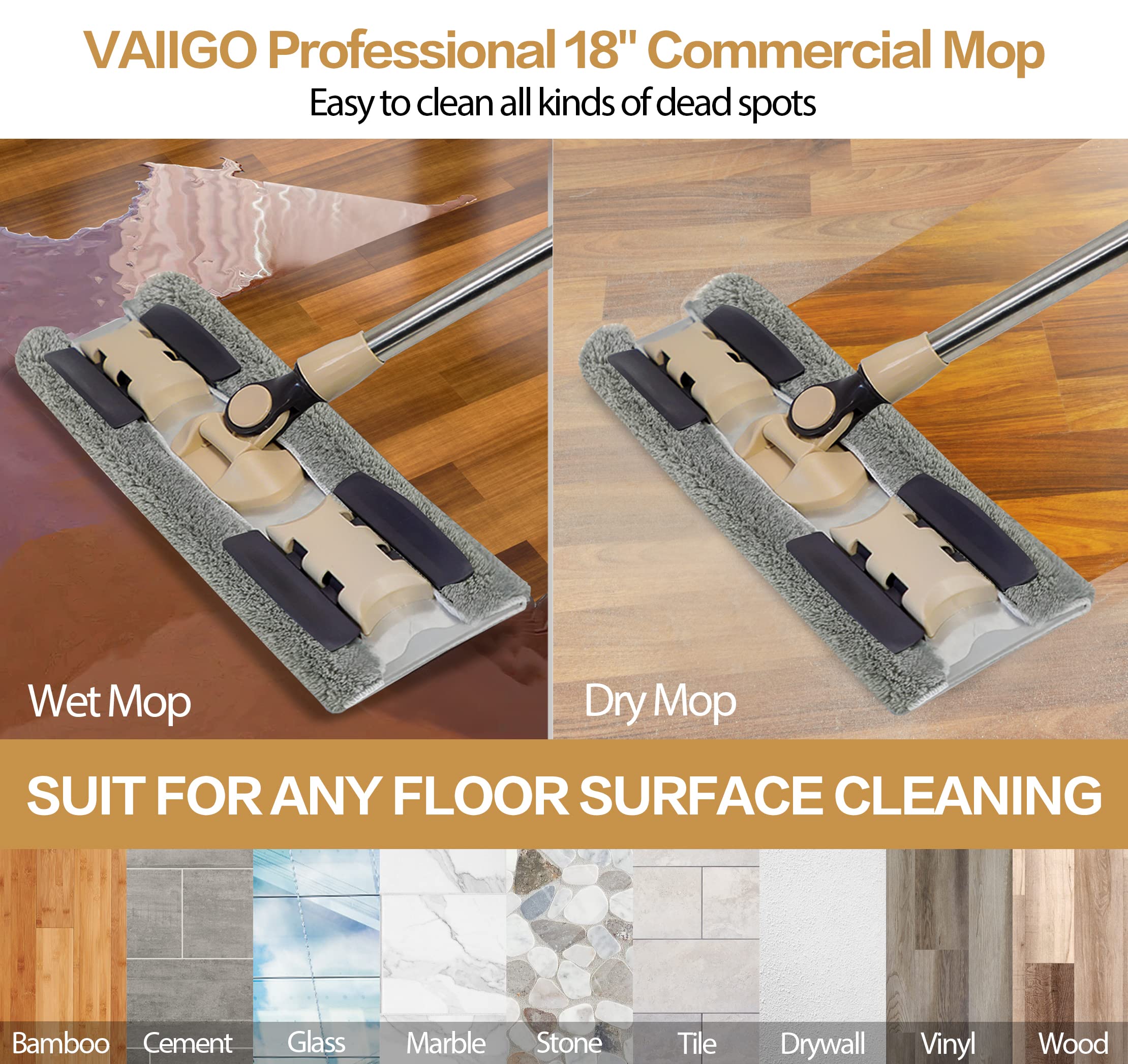 VAIIGO Professional Microfiber Mops for Hardwood Floor Cleaning, 18" Commercial Dust Flat Mops with 3 Reusable Mop Pads and Adjustable Handle, for Home, Office, Hotel Wet or Dry Floor Cleaning Mop