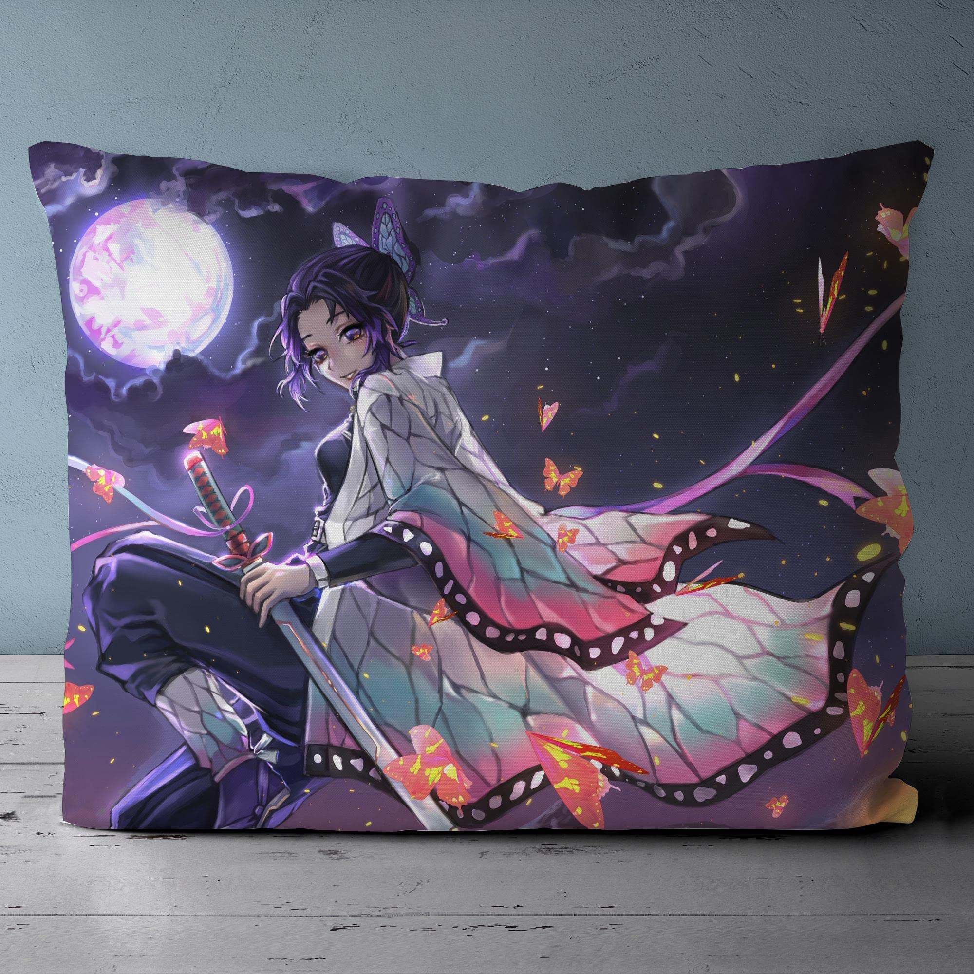 NICHIYOBI Devil Slayer Butterfly Anime Girl Kochou Duvet Cover Set 3D Bedding Comforter Cover 3 Pcs (1 Duvet Cover+2 Pillowcases) Bedding Set (03,Full-80x90in+20x30in*2)