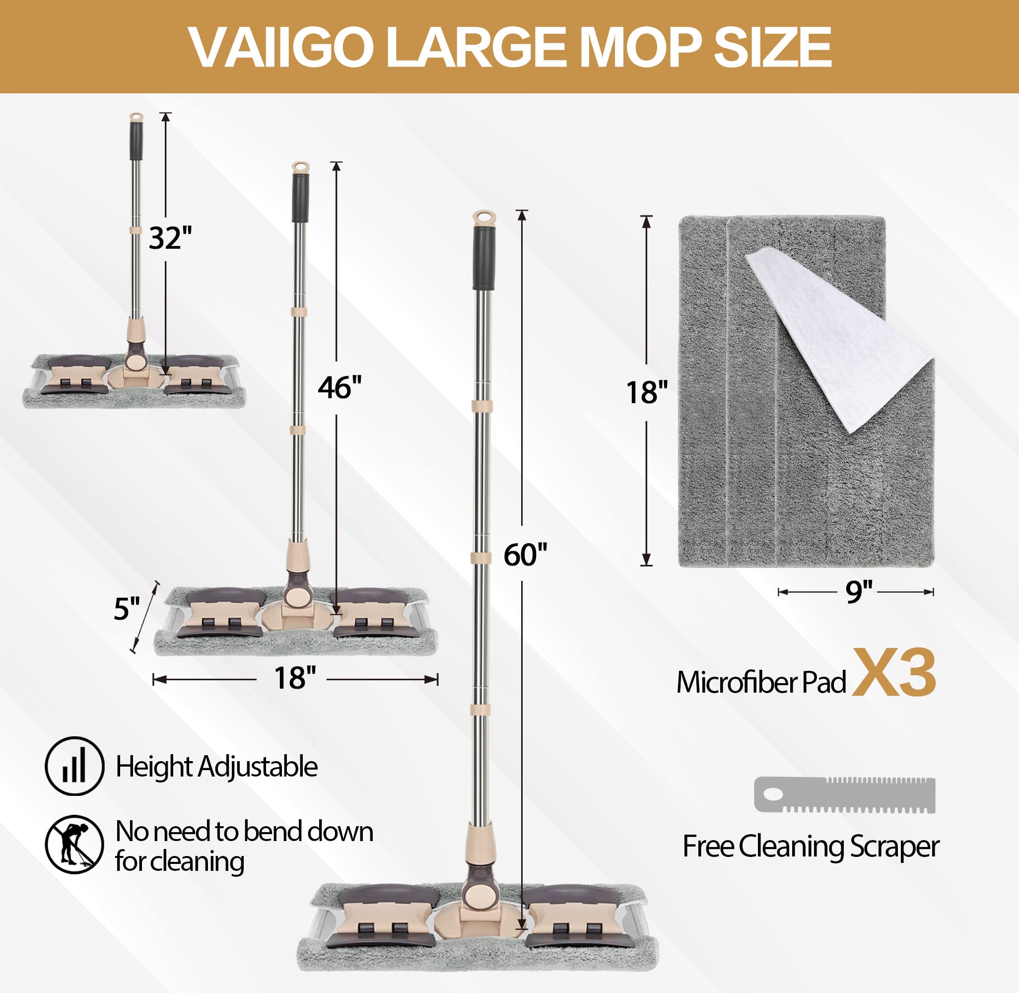 VAIIGO Professional Microfiber Mops for Hardwood Floor Cleaning, 18" Commercial Dust Flat Mops with 3 Reusable Mop Pads and Adjustable Handle, for Home, Office, Hotel Wet or Dry Floor Cleaning Mop