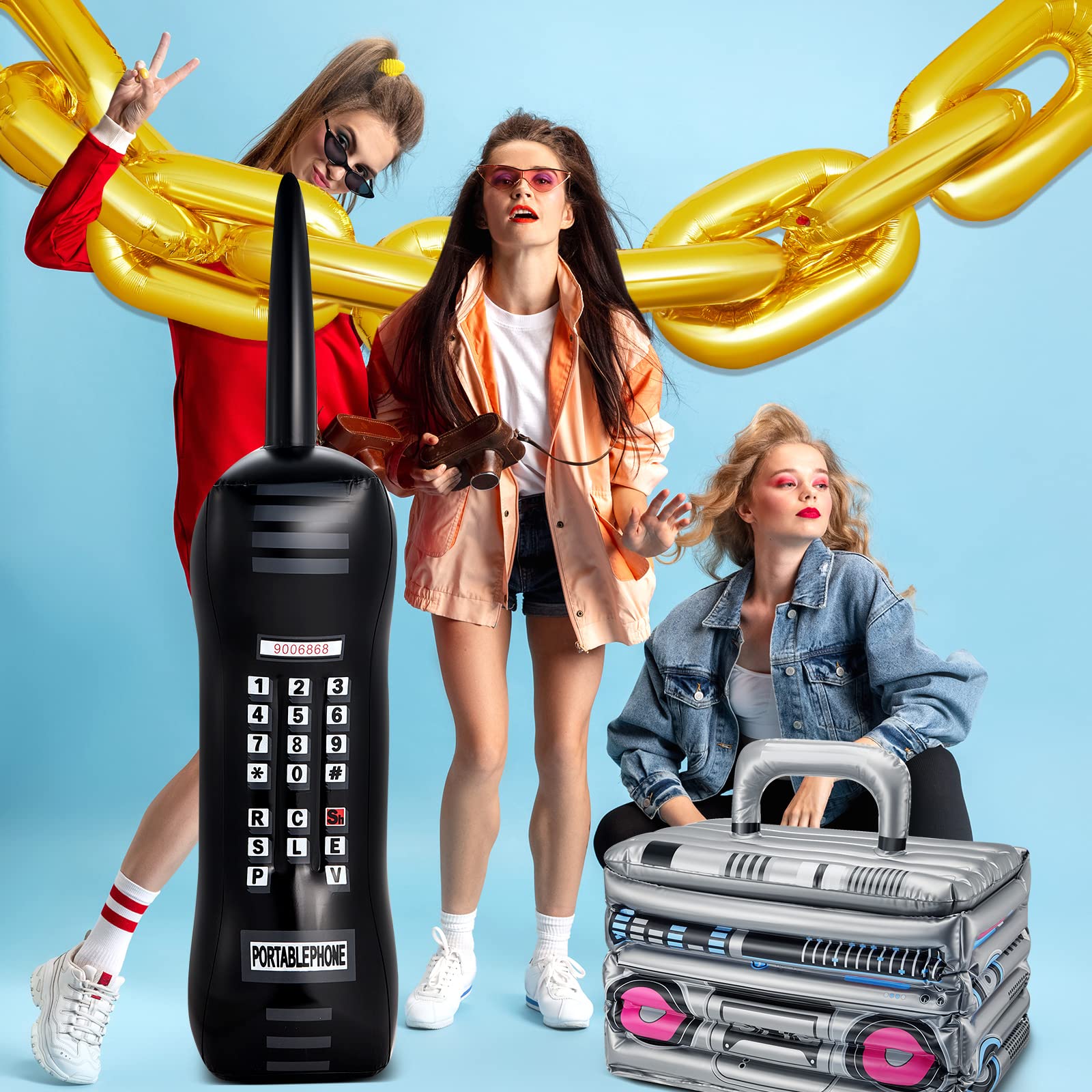 22 Pieces Inflatable Boom Box Beverage Inflatable Cooler Inflatable Mobile Phone and 16 Inch Gold Inflatable Foil Chain Balloons 80s 90s Party Decorations Graduation Cosplay Hip Hop Party Decoration