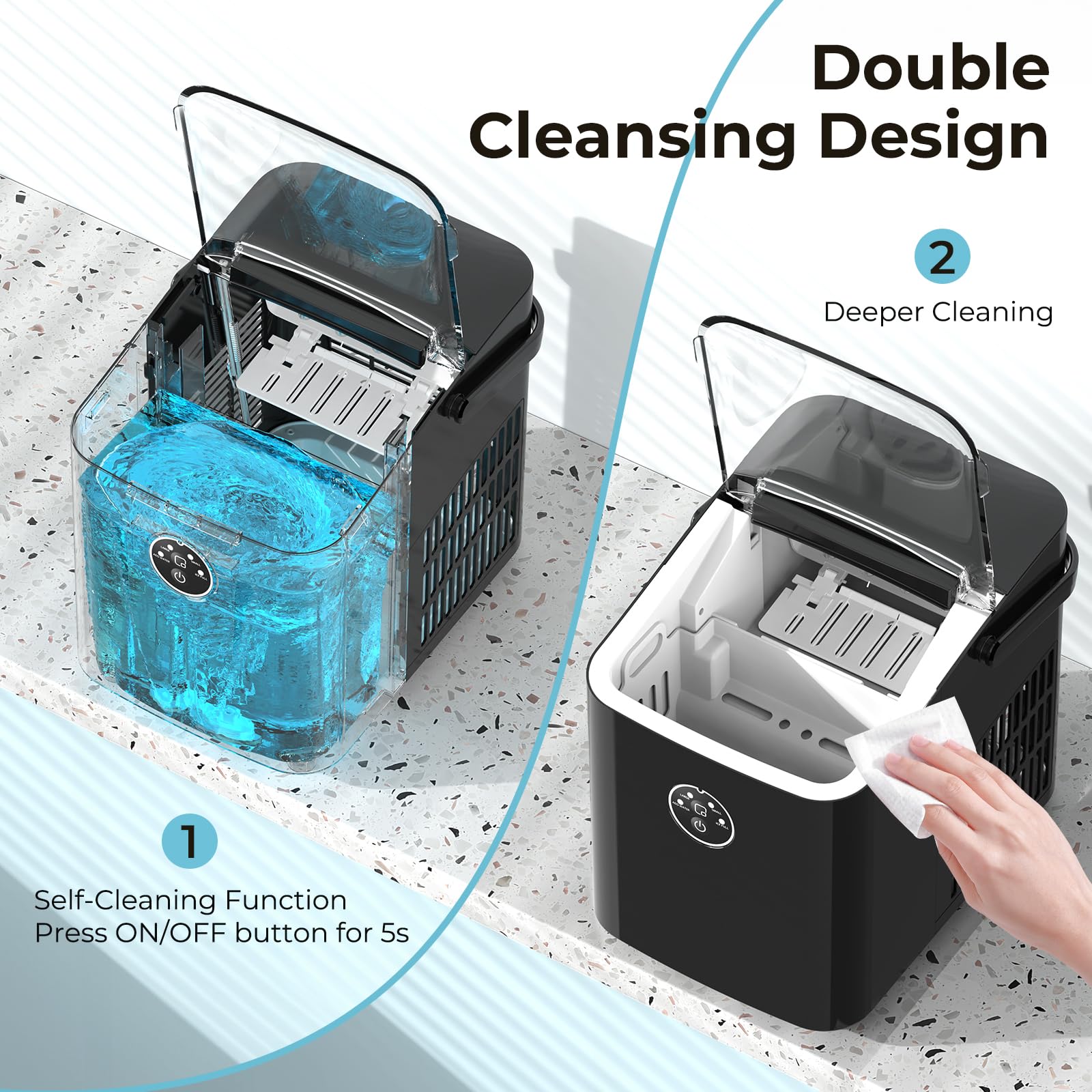 Xbeauty Countertop Ice Maker with Handle, 9 Bullet Ice Ready in 6 Mins, Self-Cleaning Portable Ice Machine with Basket and Scoop, 2 Sizes of Bullet Ice for Outdoor Camping/Bar/Party/Kitchen, Black