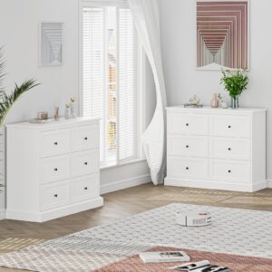 FOTOSOK White Dresser, 6 Drawer Dresser White, Modern Double Chest with Deep Drawers, Wide Storage Organizer Cabinet for Living Room Home