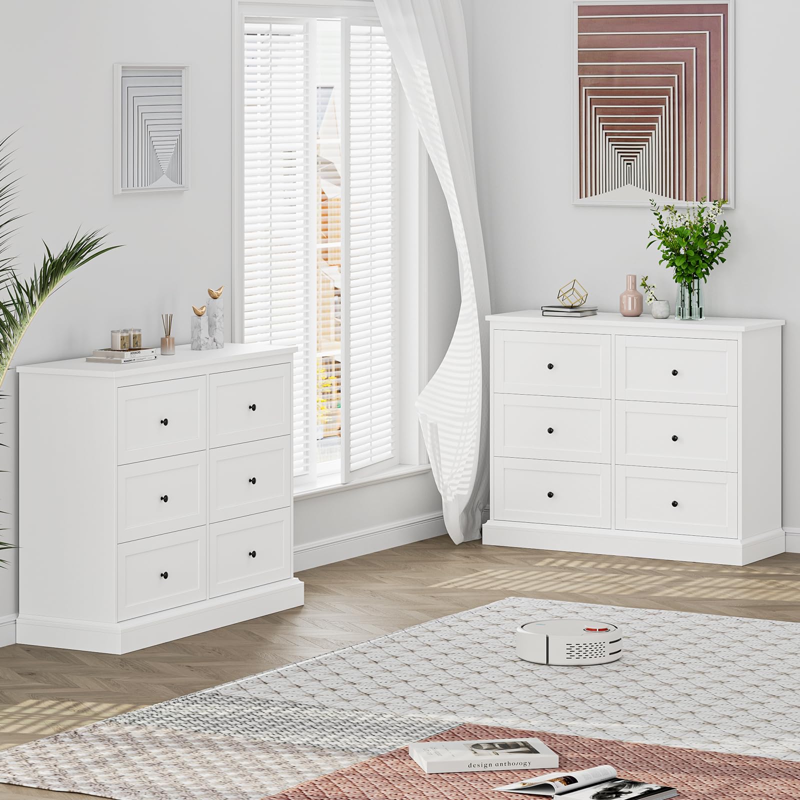 FOTOSOK White Dresser, 6 Drawer Dresser White, Modern Double Chest with Deep Drawers, Wide Storage Organizer Cabinet for Living Room Home