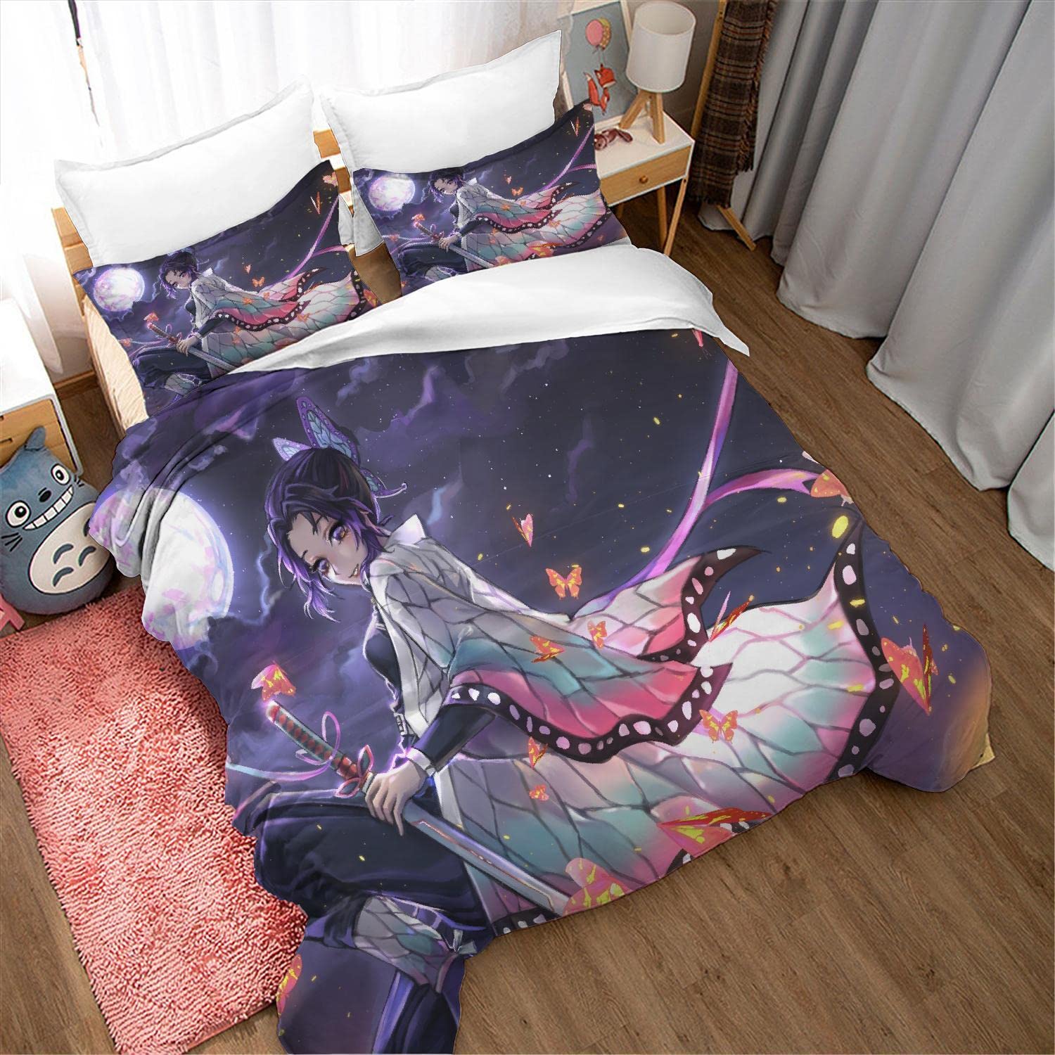 NICHIYOBI Devil Slayer Butterfly Anime Girl Kochou Duvet Cover Set 3D Bedding Comforter Cover 3 Pcs (1 Duvet Cover+2 Pillowcases) Bedding Set (03,Full-80x90in+20x30in*2)