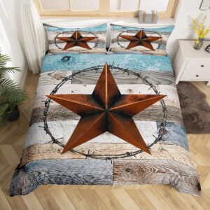 western texas star kids duvet cover set king size,old wooden plank barn retro bedding set,girls boys adults room decor,cowboy rustic farmhouse comforter cover,blue brown quilt cover,2 pillowcases