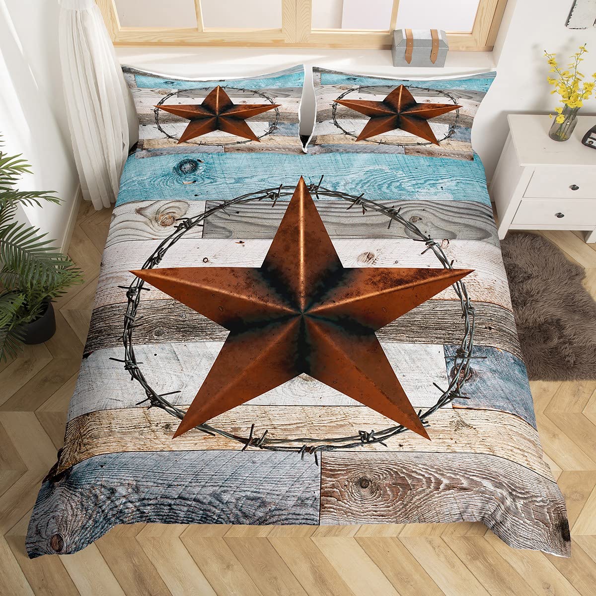 Western Texas Star Kids Duvet Cover Set King Size,Old Wooden Plank Barn Retro Bedding Set,Girls Boys Adults Room Decor,Cowboy Rustic Farmhouse Comforter Cover,Blue Brown Quilt Cover,2 Pillowcases