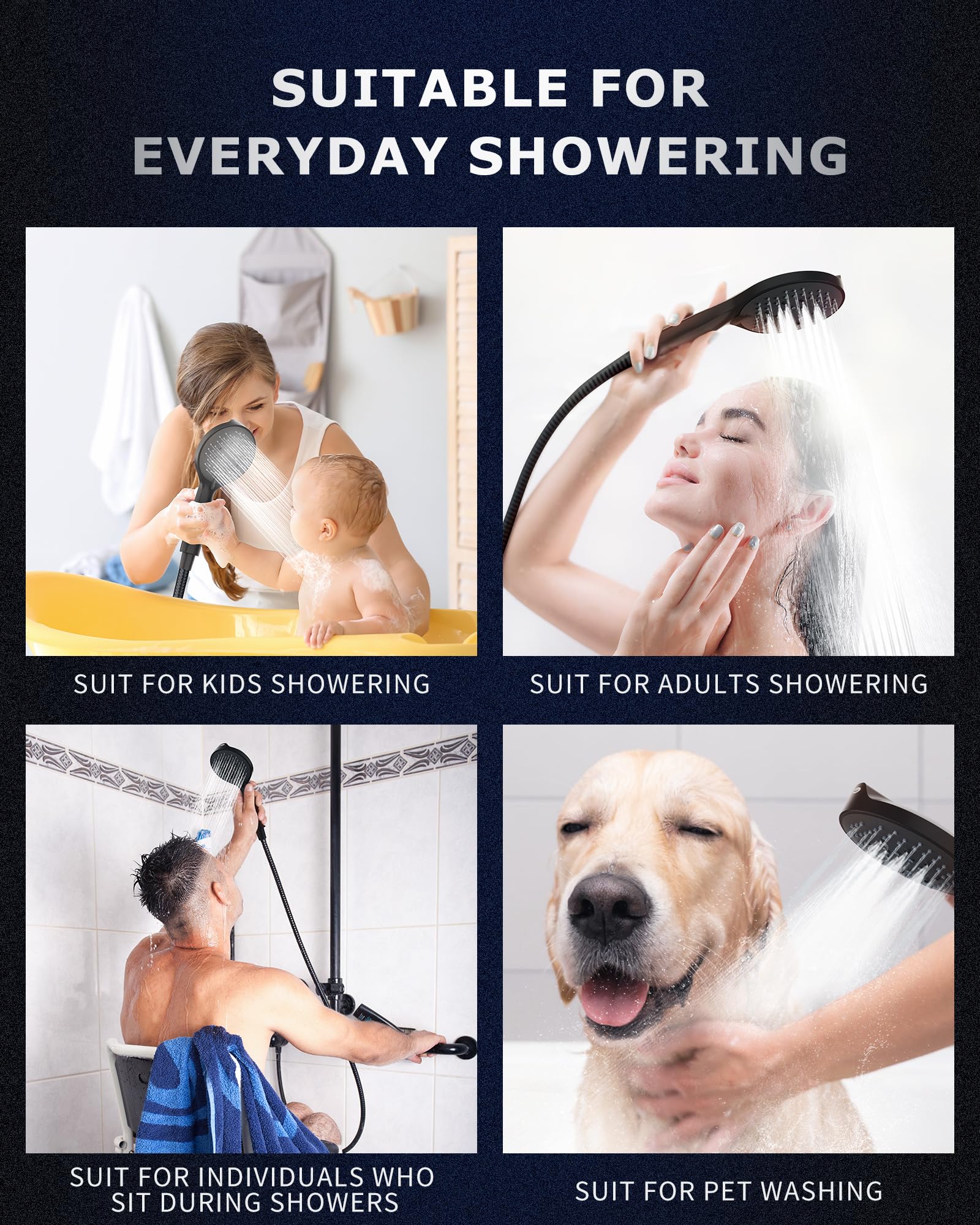 Black Shower Head, L'amourqua High Pressure 6-Model Handheld Shower Head, Built-in Power Wash to Clean Bathtub and Pets, with 59" Stainless Steel Hose and Handheld Showerhead Holder