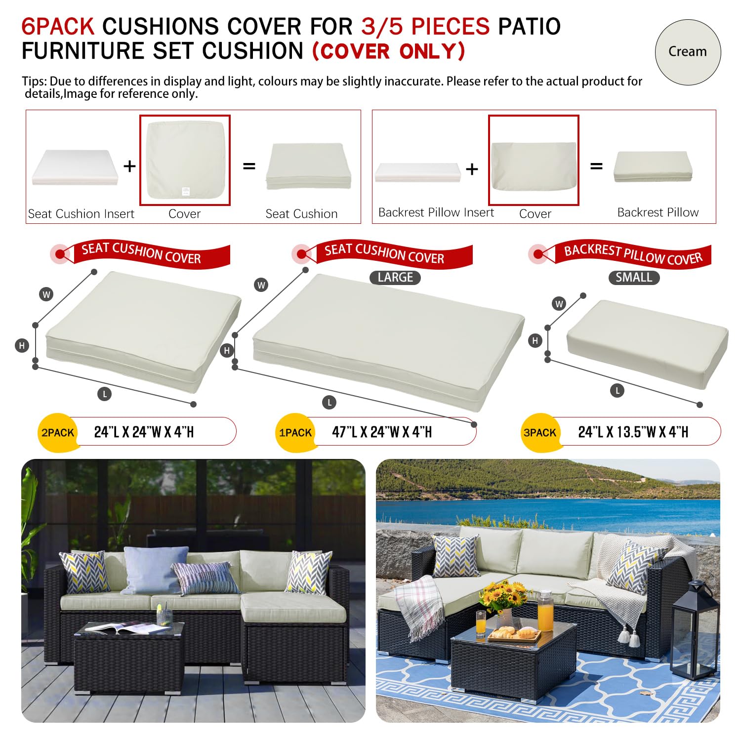 ClawsCover 6Pack Outdoor Seat and Back Cushions Replacement Covers Fit for 3 Pieces 3-Seater Wicker Rattan Patio Furniture Conversation Set Sectional Couch Chair,Cream-Include Cover Only