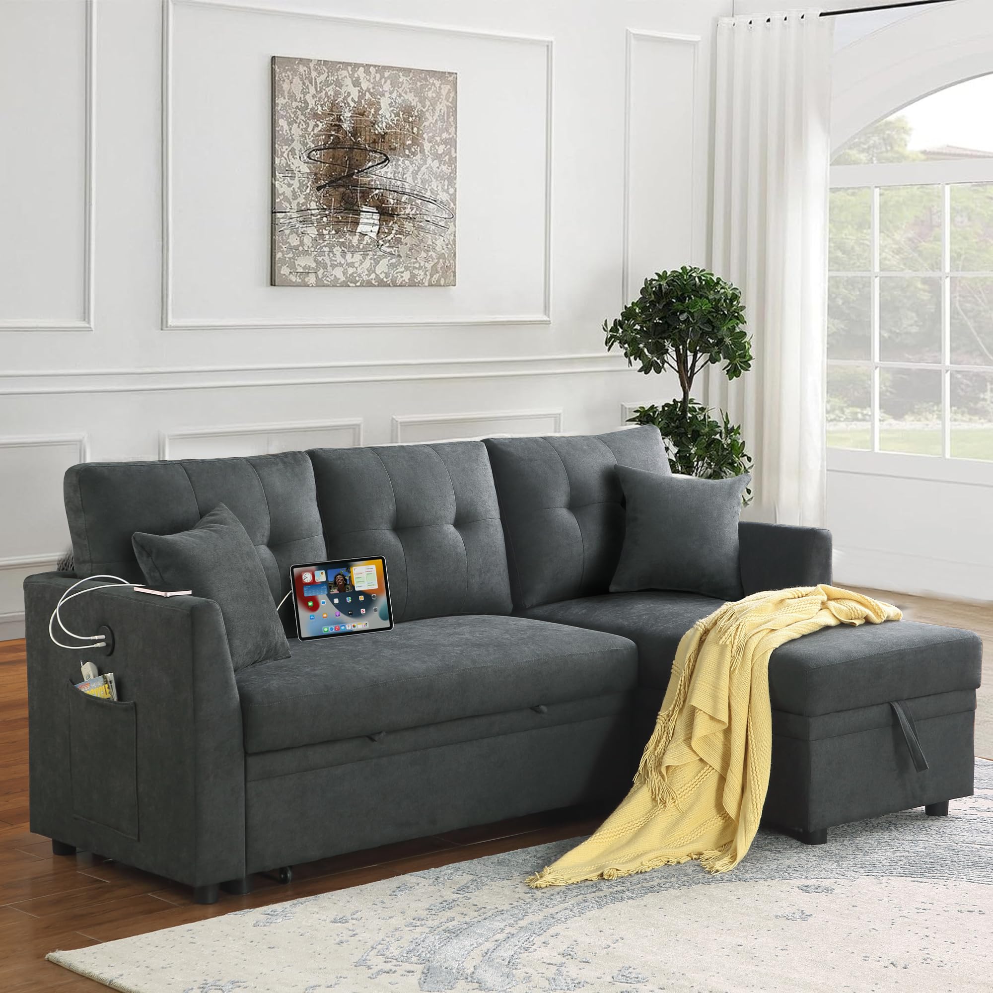 uhome Upholstered Sleeper Sofa with USB Ports