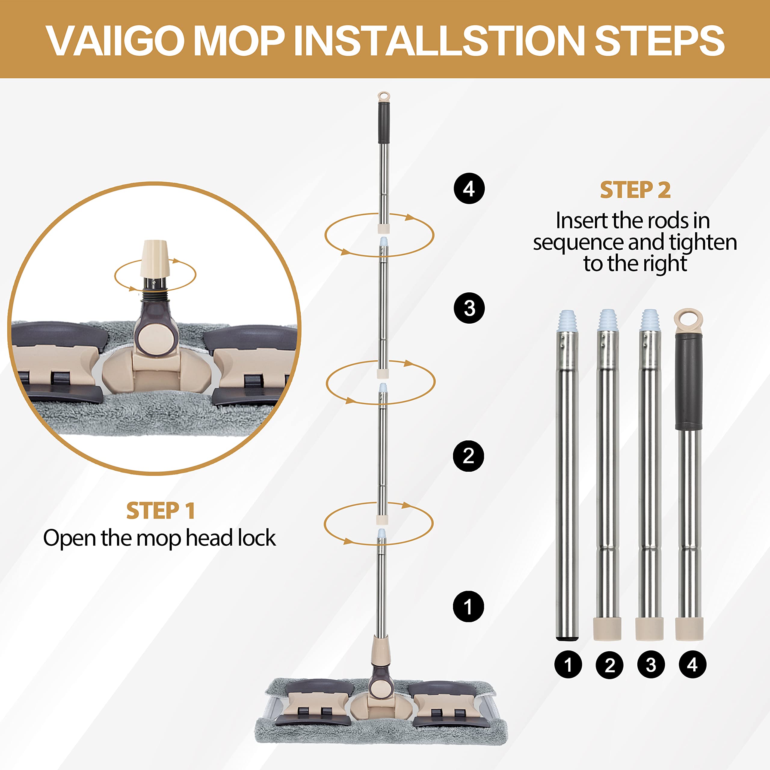 VAIIGO Professional Microfiber Mops for Hardwood Floor Cleaning, 18" Commercial Dust Flat Mops with 3 Reusable Mop Pads and Adjustable Handle, for Home, Office, Hotel Wet or Dry Floor Cleaning Mop