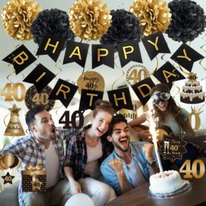 BRT Bearingshui Happy 40th Birthday Hanging Swirls Streamers Decoration Set, Happy Birthday Banner with Tissue Pompoms, Black and Gold 40 Years Old Birthday Party Hanging Backdrop Decorations