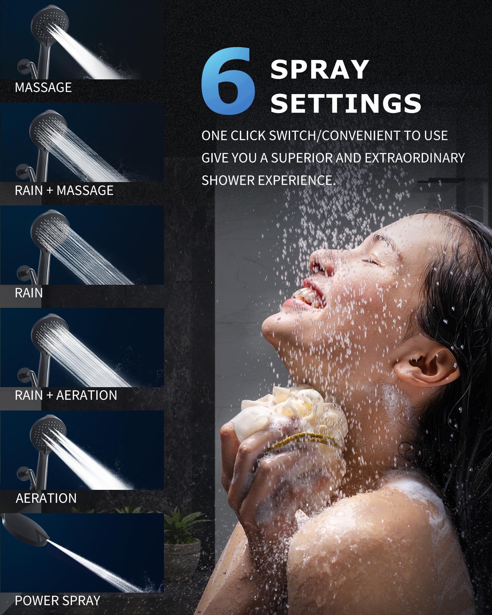 Black Shower Head, L'amourqua High Pressure 6-Model Handheld Shower Head, Built-in Power Wash to Clean Bathtub and Pets, with 59" Stainless Steel Hose and Handheld Showerhead Holder