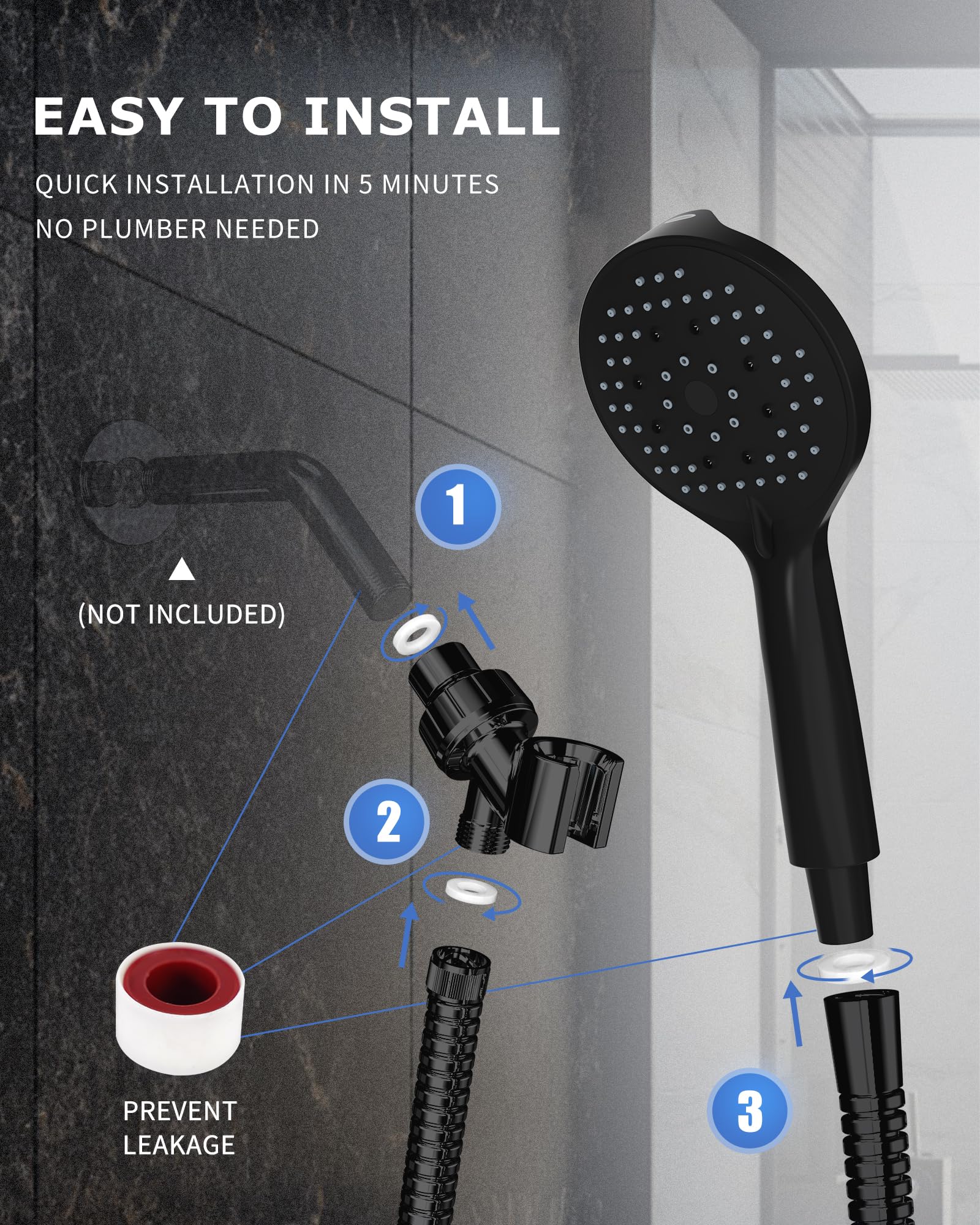 Black Shower Head, L'amourqua High Pressure 6-Model Handheld Shower Head, Built-in Power Wash to Clean Bathtub and Pets, with 59" Stainless Steel Hose and Handheld Showerhead Holder