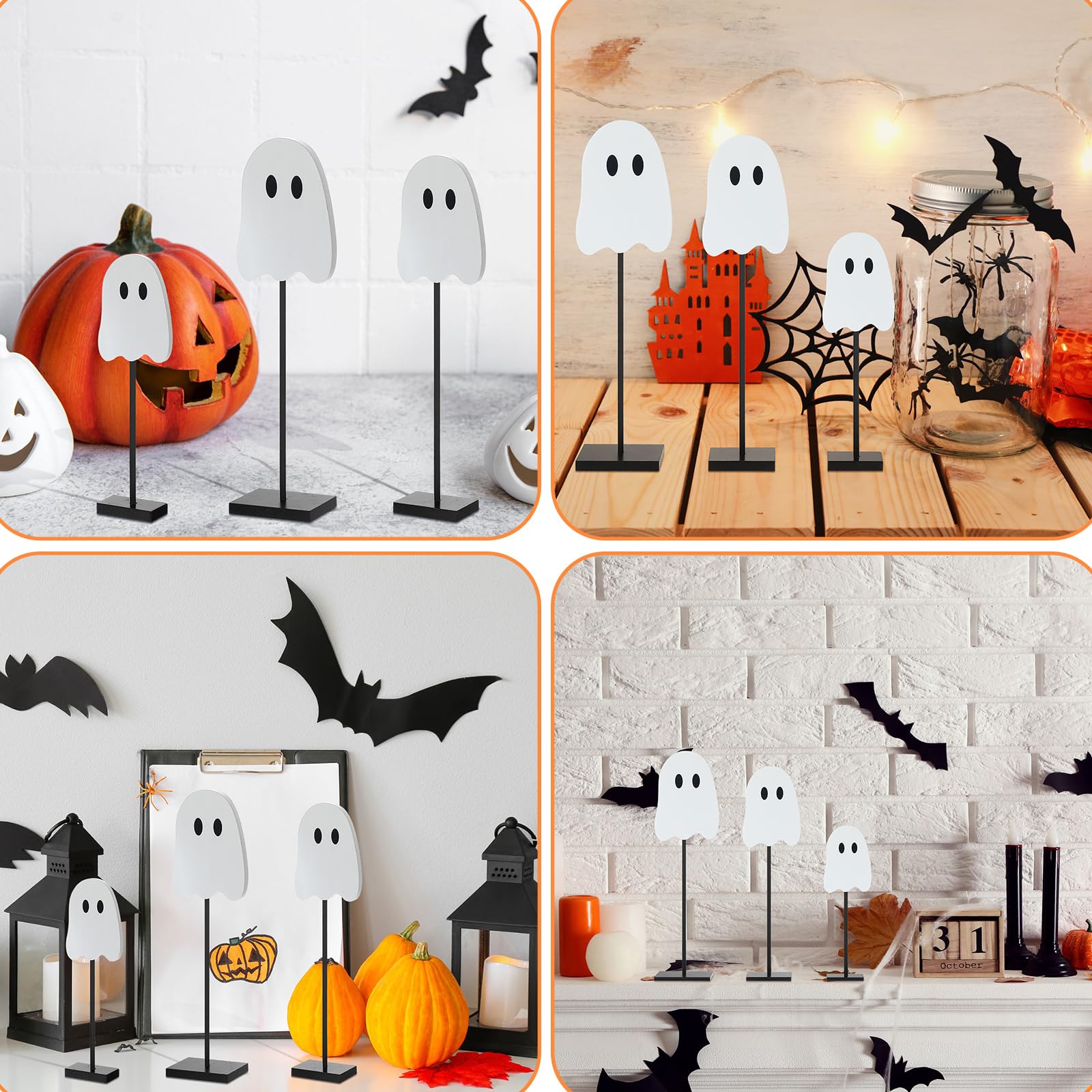 Chitidr 3 Pcs Halloween Standing Table Decor Wood Tiered Tray Table Decorations Ghost Table Centerpiece Tall Block Sign Set for Halloween Party Home (White)