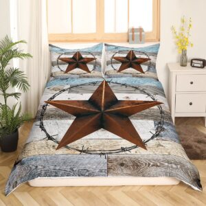 Western Texas Star Kids Duvet Cover Set King Size,Old Wooden Plank Barn Retro Bedding Set,Girls Boys Adults Room Decor,Cowboy Rustic Farmhouse Comforter Cover,Blue Brown Quilt Cover,2 Pillowcases