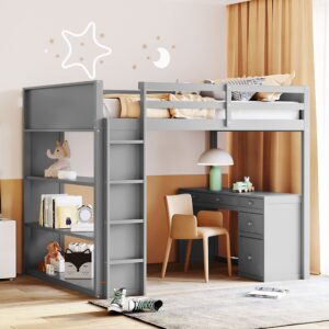 citylight full loft bed with desk and shelves,wooden full size loft bed with desk and storage drawers, space saving loft bed full for kids girls boys (full,grey)