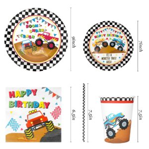 Monster Truck Party Supplies Decorations, Kids Birthday Paper Plates and Napkins Set with Cups and Straws for 24 Guests, 120 Pcs Disposable Party Dessert Dinnerwares