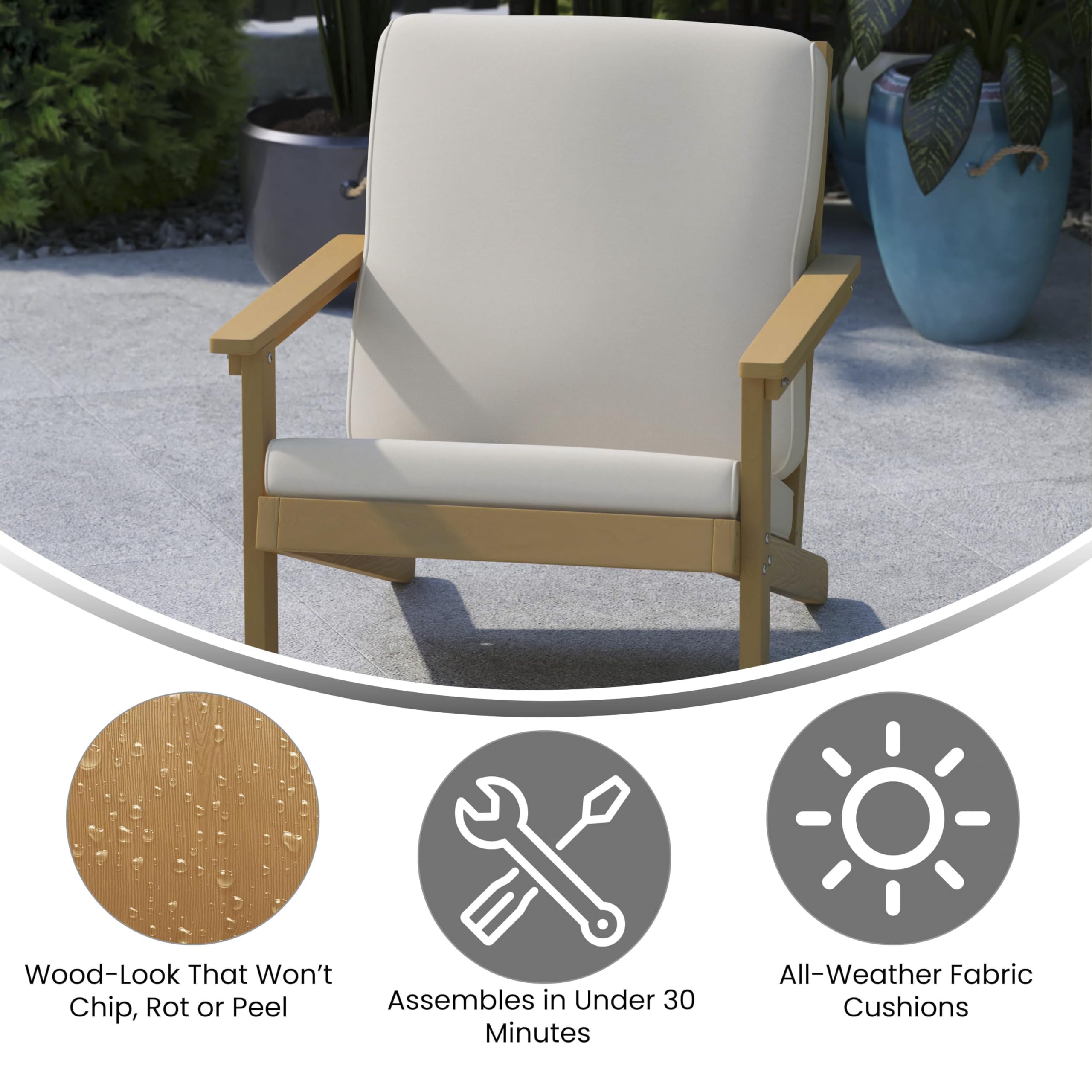 Merrick Lane Riviera Adirondack Style Deep Seat Patio Club Chair with Cushions - Natural Cedar Poly Resin Frame - Cream All-Weather Cushions - Indoor/Outdoor