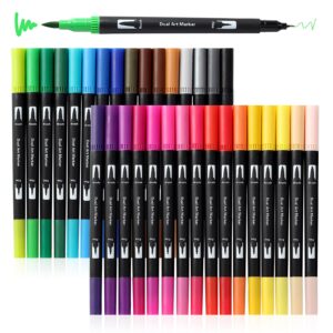 peablce art markers brush pen, markers for adult coloring books no bleeding,32 colored pens fine point highlighter pen & brush for adult kids coloring journaling note taking planner