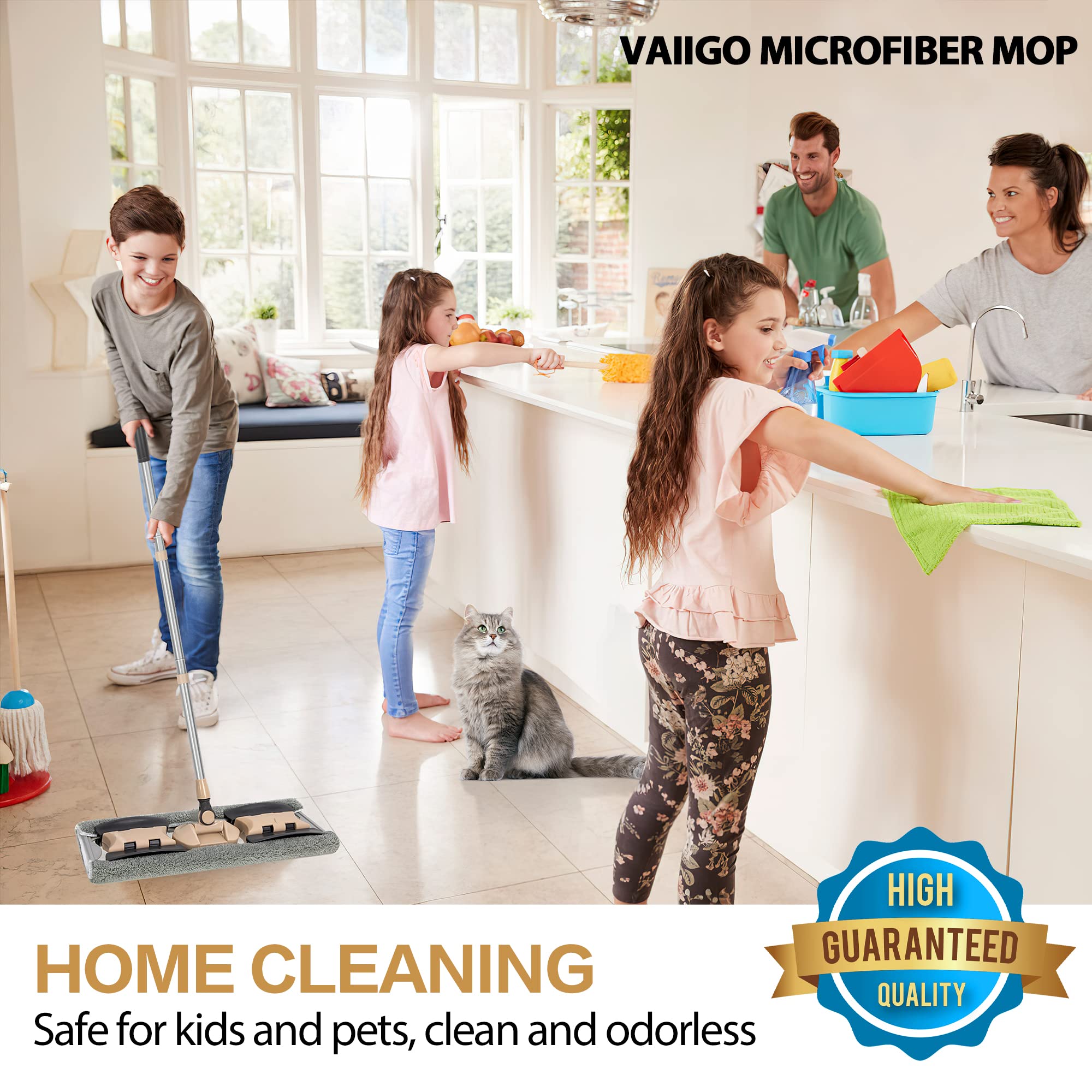 VAIIGO Professional Microfiber Mops for Hardwood Floor Cleaning, 18" Commercial Dust Flat Mops with 3 Reusable Mop Pads and Adjustable Handle, for Home, Office, Hotel Wet or Dry Floor Cleaning Mop