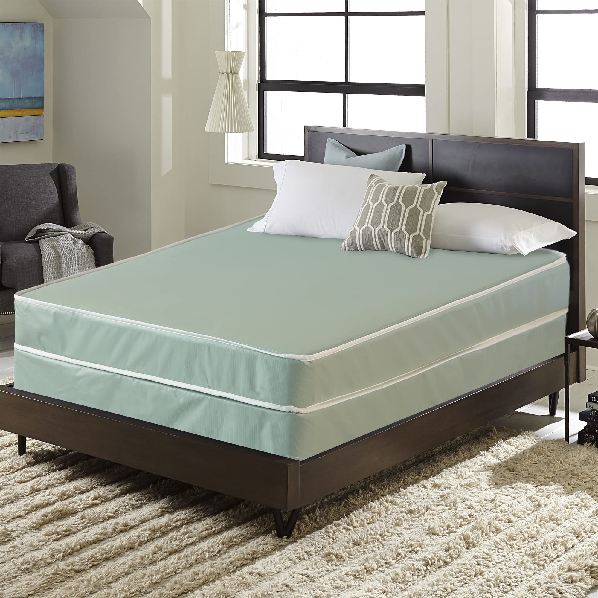 Greaton, 9-Inch Medium Firm Water-Resistance Vinyl Innerspring Mattress & 4” Wood Box Spring Set, Experience Superior Support and Comfort with Clean and Safe Sleep, Full XL, Green