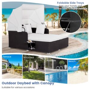 Salches Outdoor Daybed, Patio Daybed with Retractable Canopy, High-Resilient Soft Cushions, Foldable Side Trays, Outdoor Bed Loveseat for Garden, Backyard, Porch (Off White)