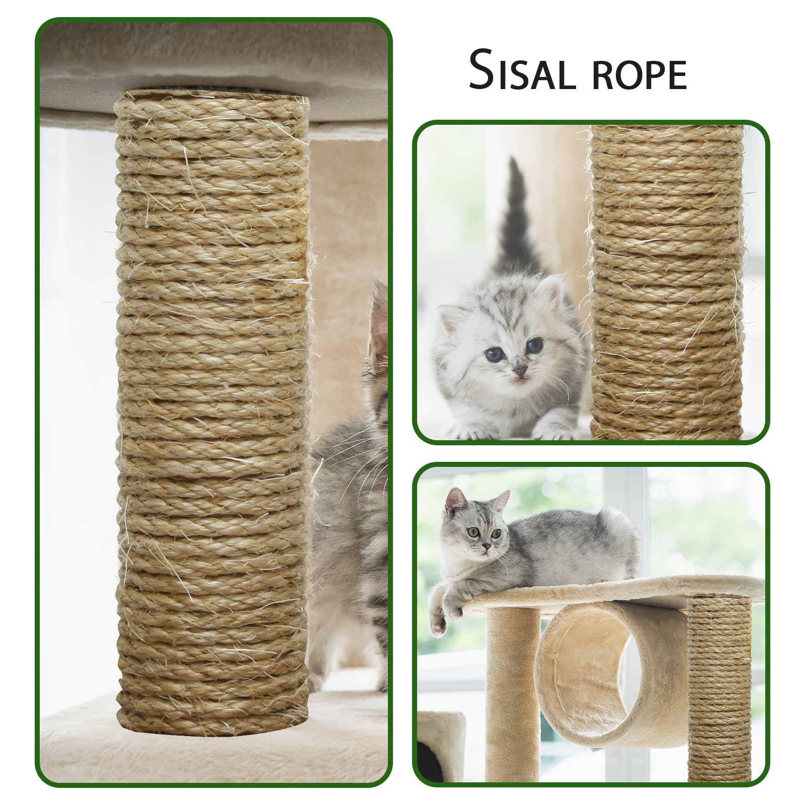 Natural Sisal Rope 1/4 Inch by 164-Feet for Cat Scratching Post Tree Tower Replacement Repair and Replace, Hemp Twine Rope for Kittens Shelves Furniture Window Bed Perch House Climbing, 6mm by 50m