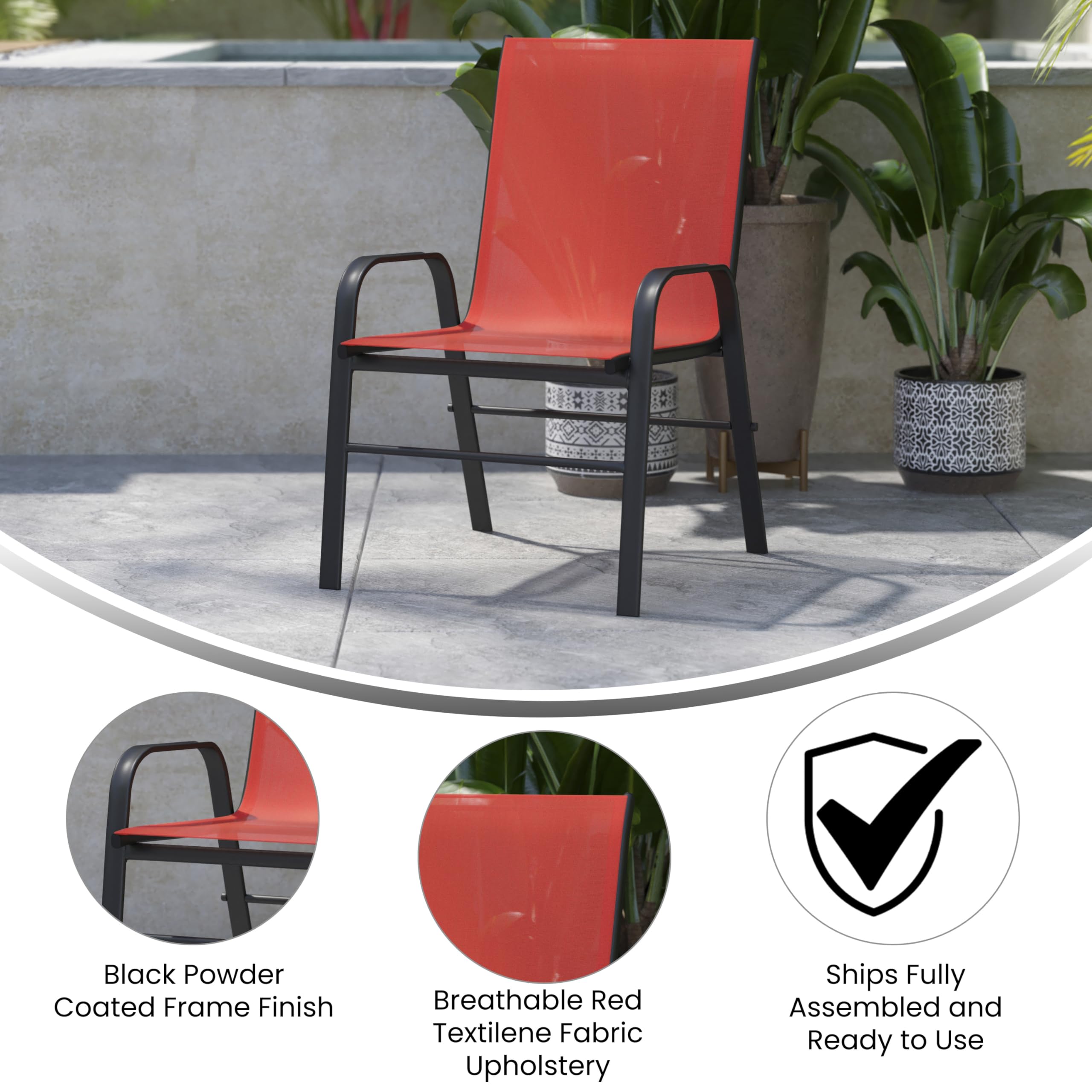 Merrick Lane Set of 4 Manado Series Patio Chairs - Red Flex Comfort Material - Powder Coated Metal Frame - Stack up to 4 High - Ships Fully Assembled