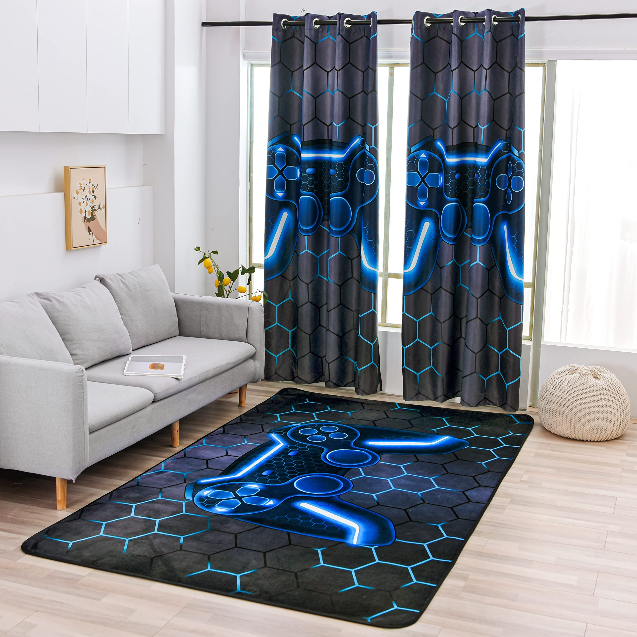 NTBED Game Console Area Rug for Bedroom Sofa Playroom Gaming Geometric Bedside Rugs Gamer Decorative Floor Mat Carpet (3x5 Feet, Blue)