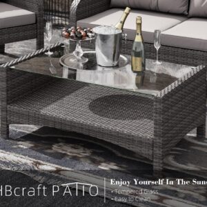 LHBcraft 4-Piece Patio Furniture Set Outdoor Rattan Wicker Sofa Set with Cushions & Coffee Table, Conversation Sofa Set with Tempered Glass Table Top and Storage Shelf (Grey-Grey) (OT008)