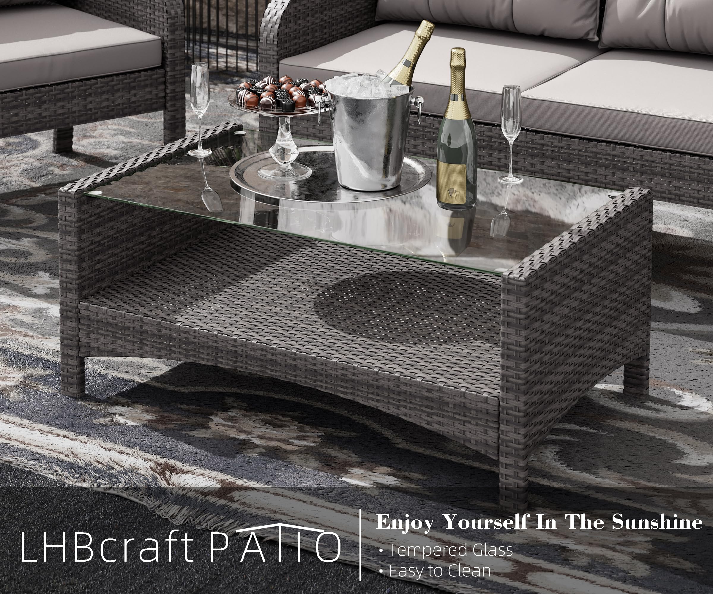 LHBcraft 4-Piece Patio Furniture Set Outdoor Rattan Wicker Sofa Set with Cushions & Coffee Table, Conversation Sofa Set with Tempered Glass Table Top and Storage Shelf (Grey-Grey) (OT008)