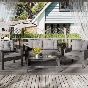 LHBcraft 4-Piece Patio Furniture Set Outdoor Rattan Wicker Sofa Set with Cushions & Coffee Table, Conversation Sofa Set with Tempered Glass Table Top and Storage Shelf (Grey-Grey) (OT008)