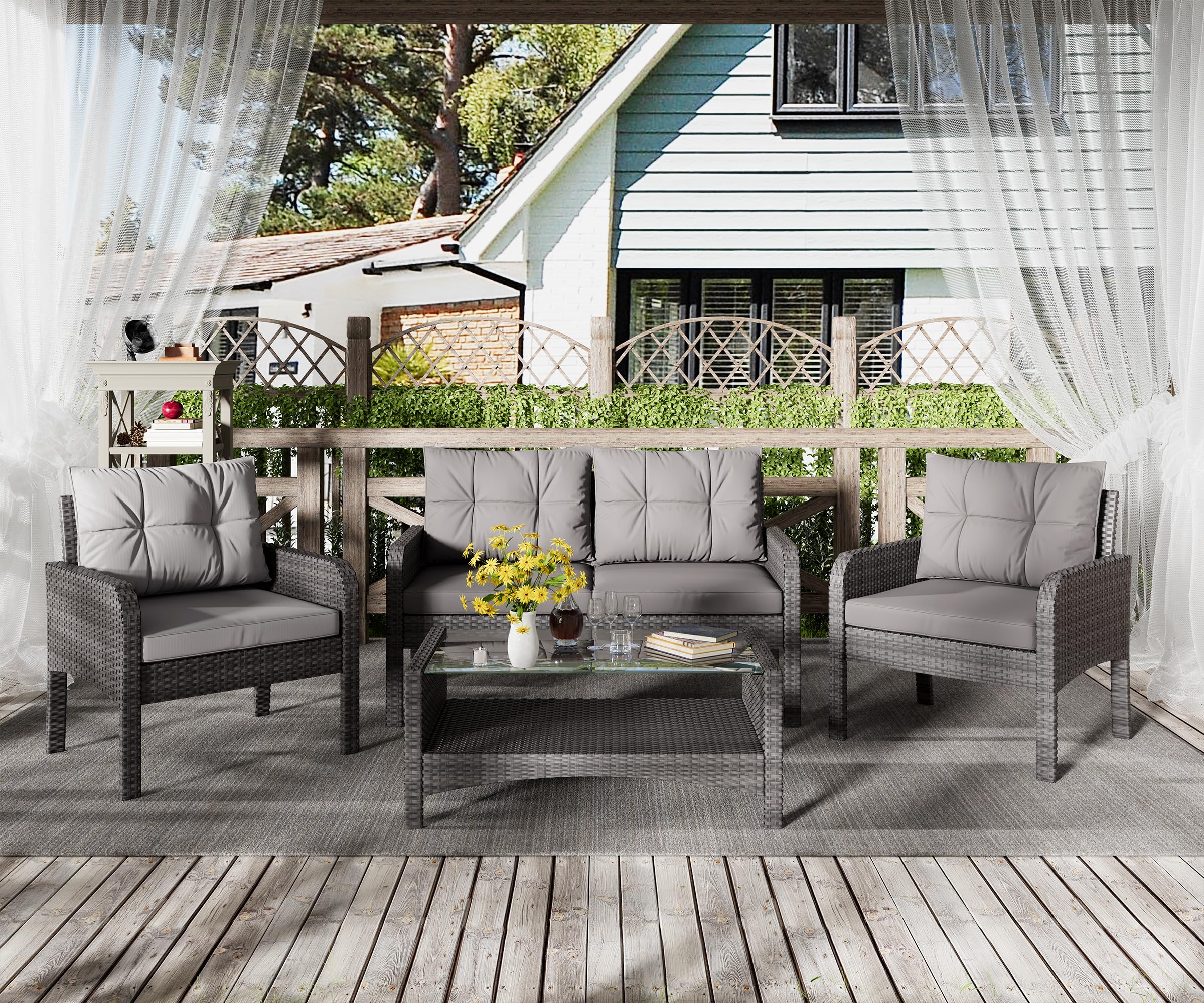 LHBcraft 4-Piece Patio Furniture Set Outdoor Rattan Wicker Sofa Set with Cushions & Coffee Table, Conversation Sofa Set with Tempered Glass Table Top and Storage Shelf (Grey-Grey) (OT008)