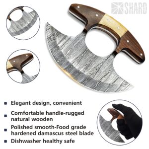 SHARDBLADE Alaskan Ulu Knife with Sheath, Handmade Forged 6" Damascus Steel Pizza Cutter Rocker Knife with Non-Slip Wooden Handle, Premium Food Salad Chopper Knife, Traditional Inuit Eskimo Knife