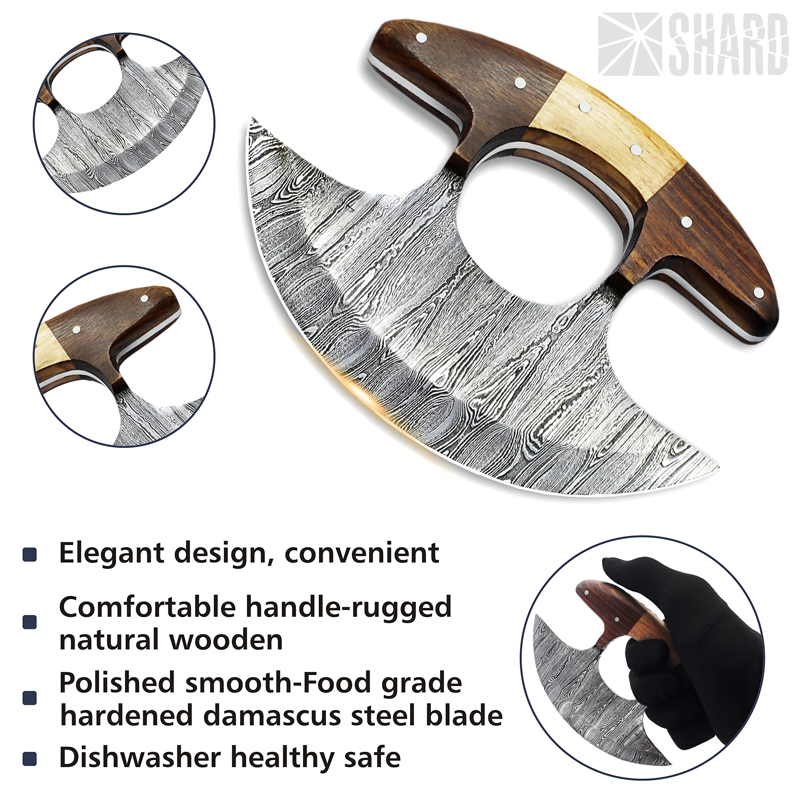 SHARDBLADE Alaskan Ulu Knife with Sheath, Handmade Forged 6" Damascus Steel Pizza Cutter Rocker Knife with Non-Slip Wooden Handle, Premium Food Salad Chopper Knife, Traditional Inuit Eskimo Knife